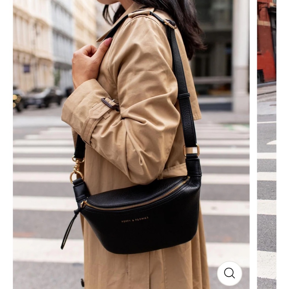 Poppy & Peonies Black Pebbled Leather Crossbody Belt Bag - Picture 2 of 14